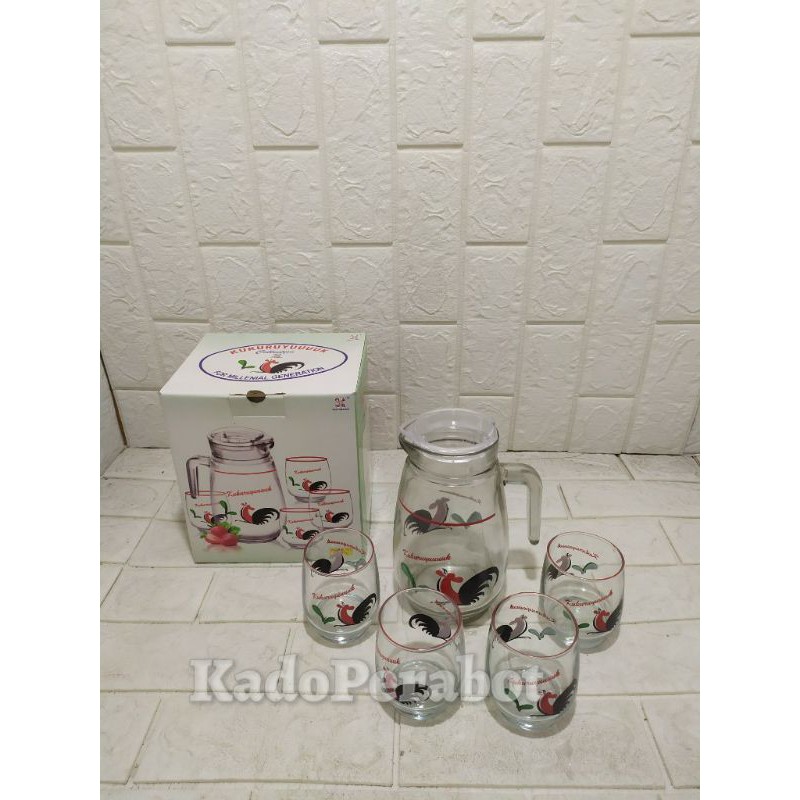 teko kaca ayam set kukuruyuk 4+1 - teko kaca set - hampers teko set