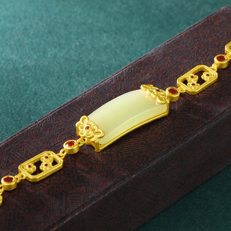 Gelang Giok Hetian Bentuk Persegi Lapis Emas Emas Asli Kadar 375Gaya Korea Untuk Wanita