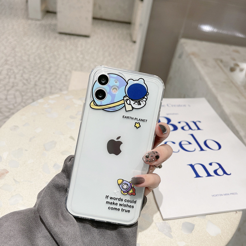 Case Motif Kartun Astronot Warna Bening Untuk iphone 11 pro max xs max xr 12 mini 7 plus 12 pro max