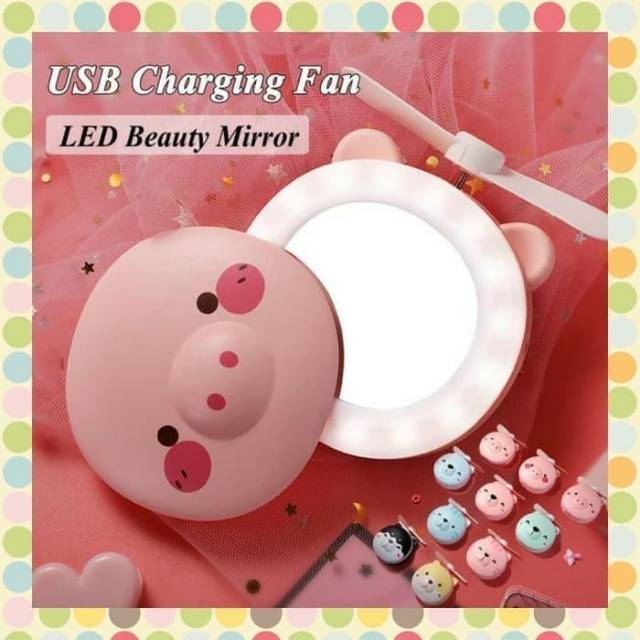 Fan Mirror Cosmetic LED 3 in 1 Rechargeable Kipas Mini Kosmetik Cermin Make Up 3in1 Berlampu LED