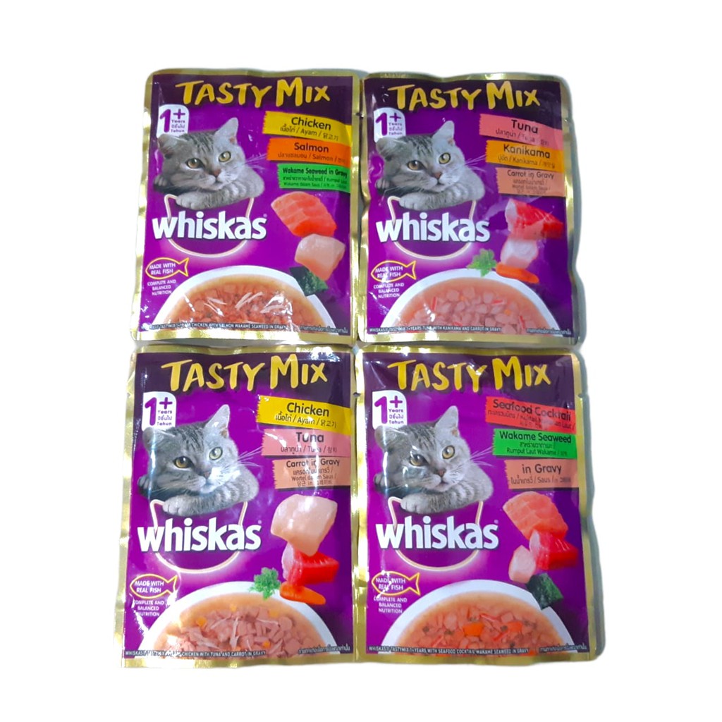 WHISKAS POUCH TASTY MIX 85GR PAKAN KUCING ADULT BASAH