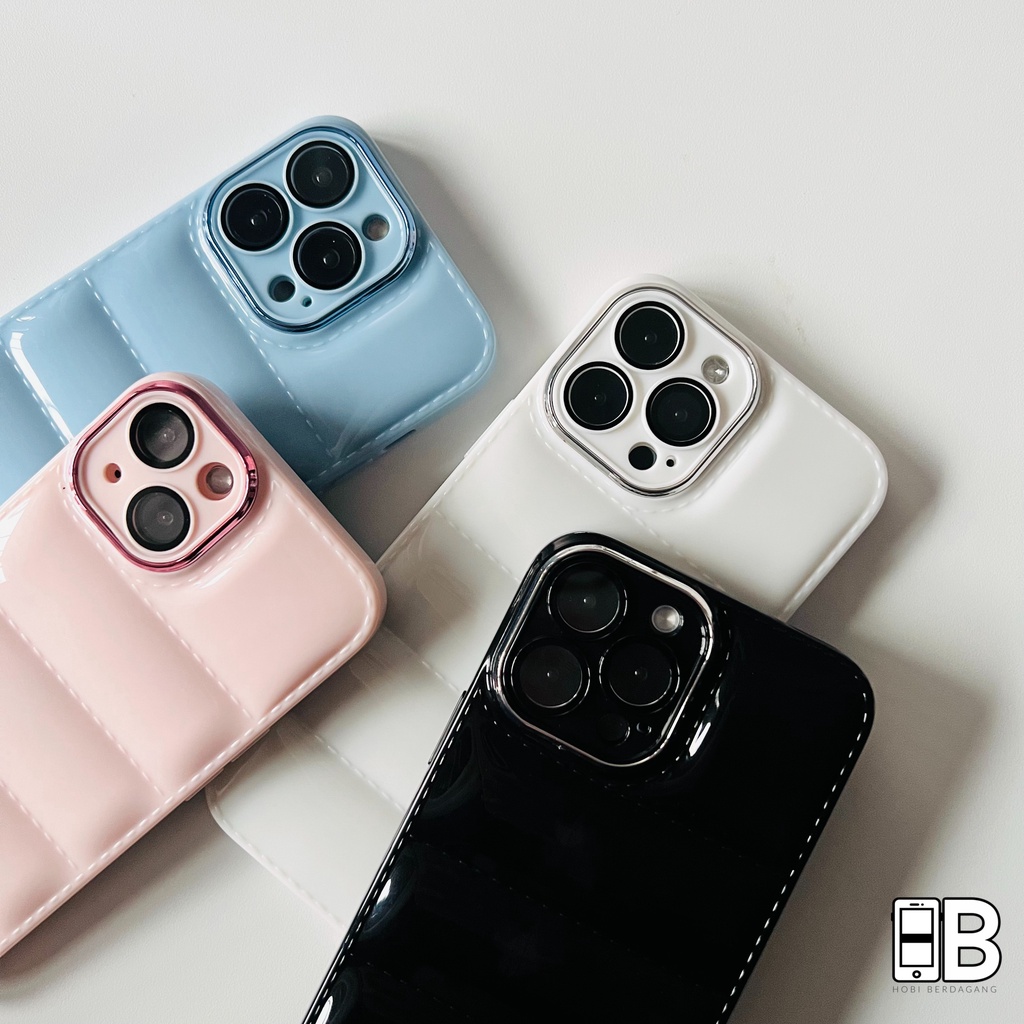 Glossy PUFF Case dengan Pelindung Lensa Kamera Lens Cover Casing iPhone X XR XS 11 12 13 PRO MAX