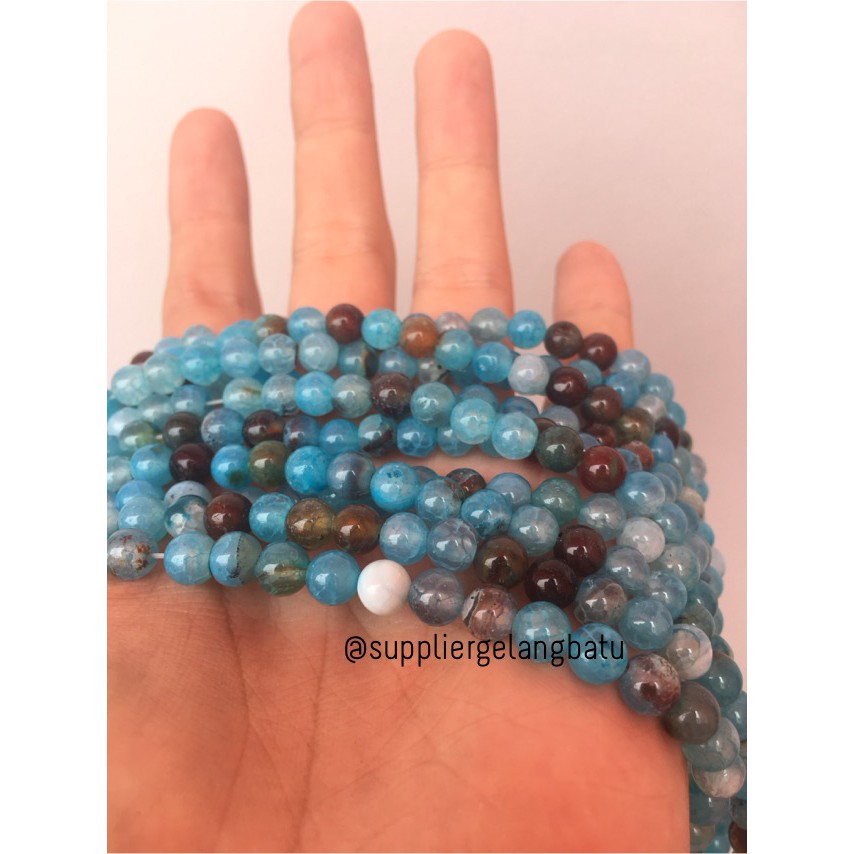 batu Aquamarine serat 6mm bahan gelang kalung alam biru glossy corak fashion craft model pria wanita