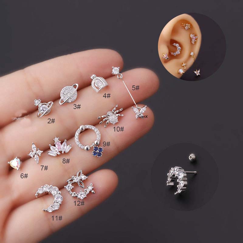 1pc Anting Tindik Bentuk Planet Labalaba Bahan Stainless Steel Dengan Zircon