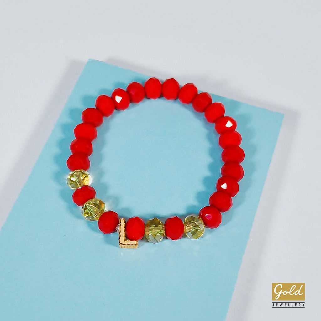 Gelang tali emas kuning kadar 700 70% charm inisial L bsr batu merah