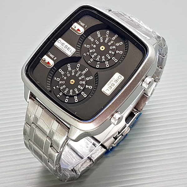Jam Tangan Pria / Cowok Diesel Double Watch Rantai Silver Black
