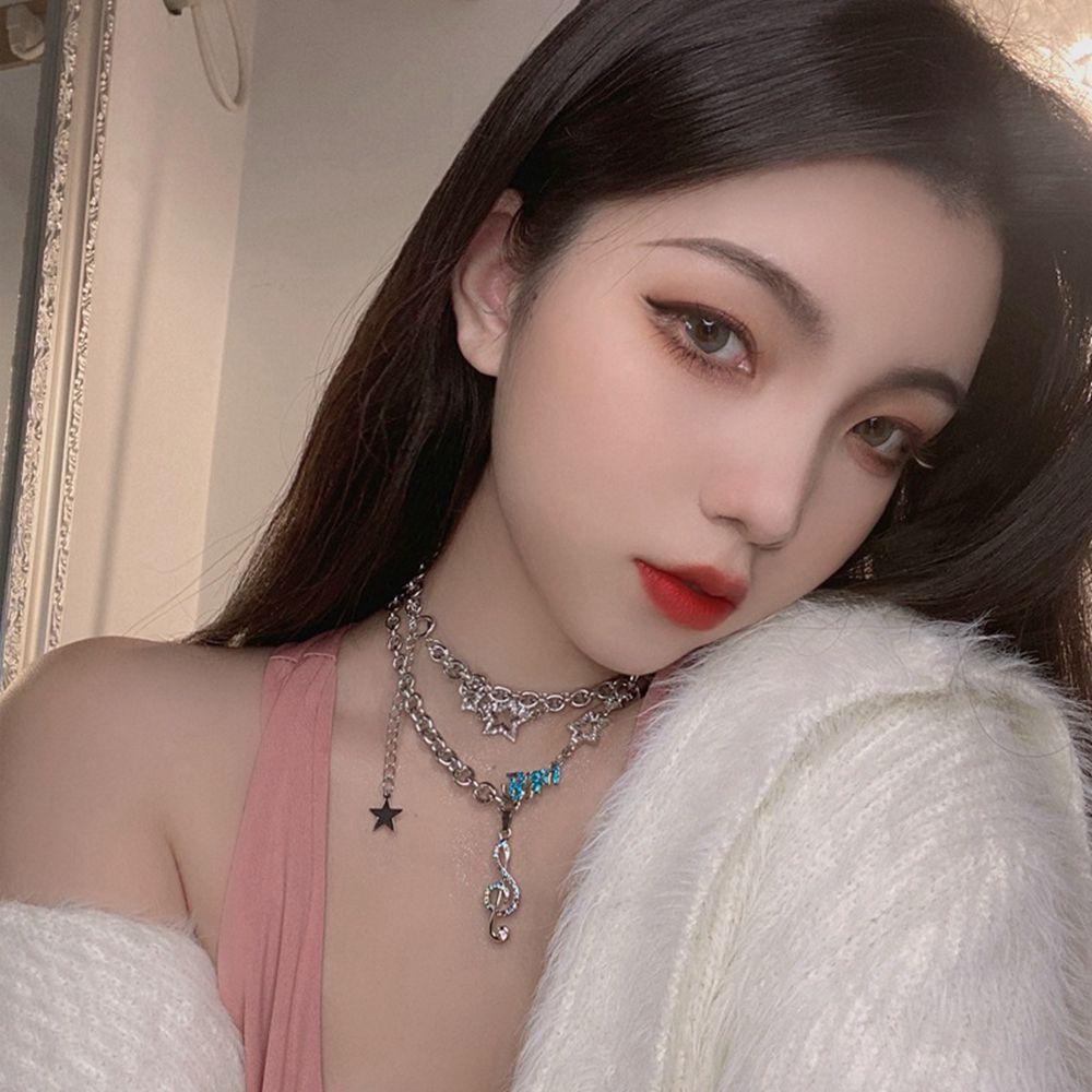 Mxbeauty Korea Style Kalung Mewah Goth Rantai Geometri Double Layer Kalung Sweater Rantai Berlian Imitasi Catatan Perempuan Klavikula Rantai