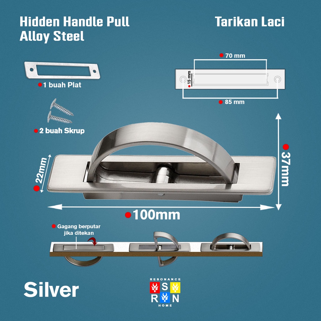 Tarikan Pintu Laci / Lemari Model Tanam Bahan Tebal Silver Resonance Home