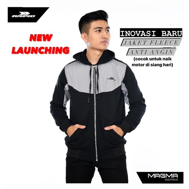 Jaket motor Hoodie pria resleting RAPID MAGMA  zipper bahan fleece katun premium tebal