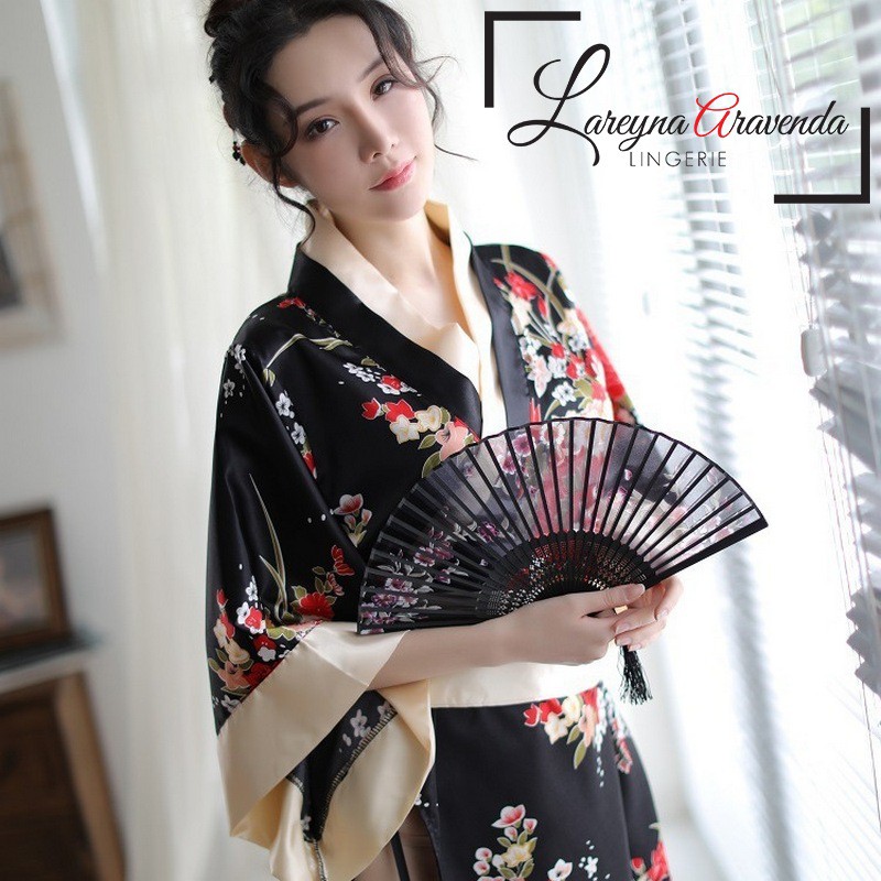 Set Lingerie Seksi + G String Model Kimono Premium Sabuk Besar Satin Jepang LG109