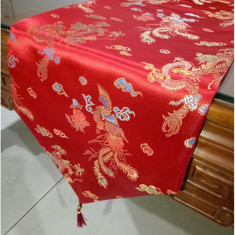 taplak meja merah imlek table runner naga merak dekorasi imlek