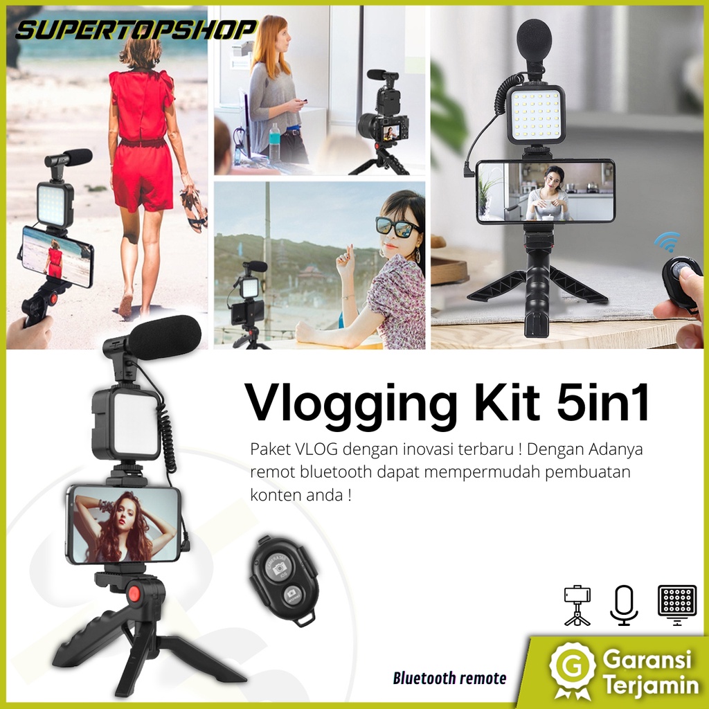 Paket Tripod Vlog 5in1 Paket Youtuber - Vlogging Kit Selfie Video with Holder LED Microhpone Remote Shutter