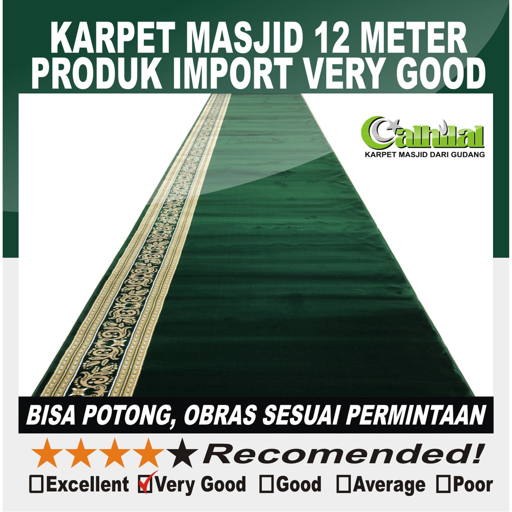 Karpet Masjid Panjang 12 Meter Produk Import Tebal Halus Hijau Polos - THRT