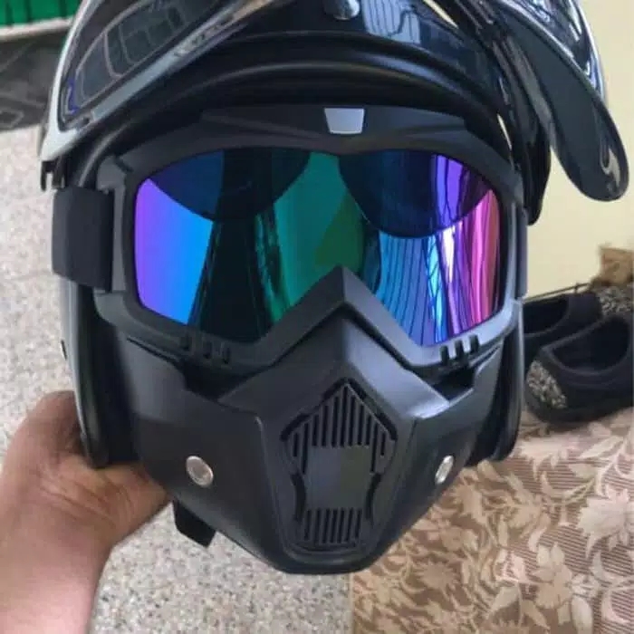 Goggles Kacamata + Masker Full Face Helem Goggle Mask Helm Gun Ski Motor Cross Topeng Kaca Mata Trail Air soft Motocross Bogo Biru Transparant Gold Bening Modular Silver Hitam Putih JPX Pelangi Emas Cargloss VESPA KYT CAKIL - COD