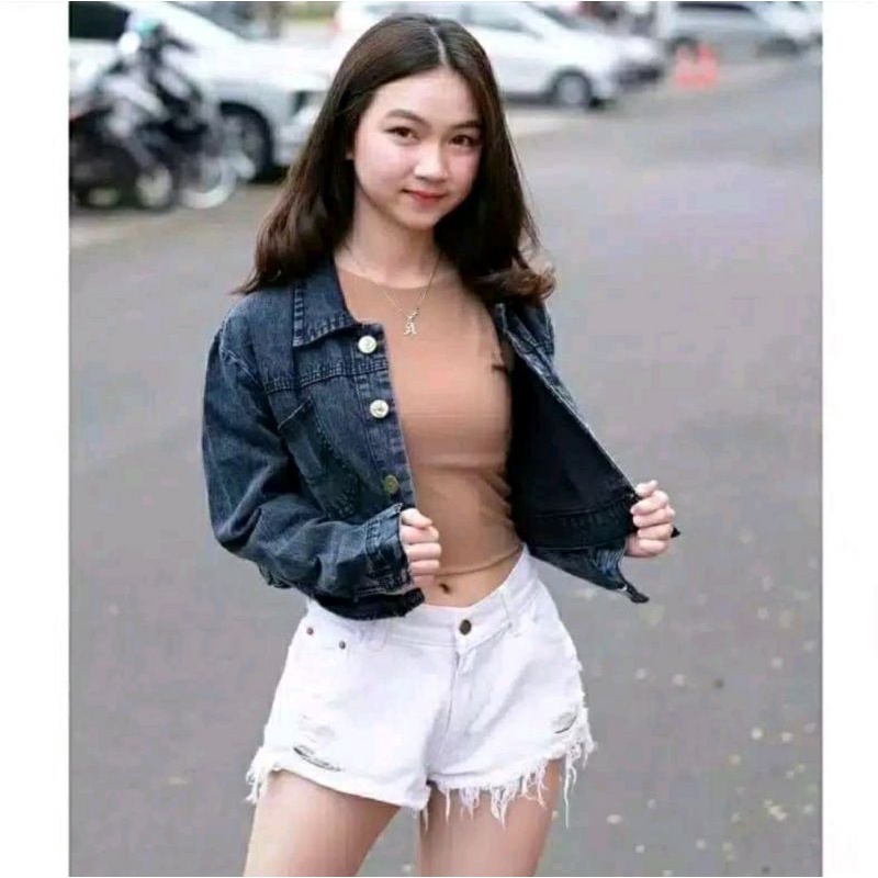 Jaket Jeans Denim Rawis Wanita Oversize Basic Crop Top