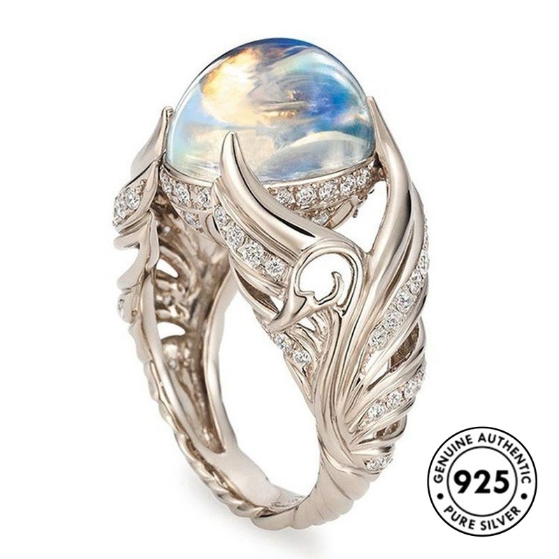 Cincin Sterling Silver 925 Model Sayap Malaikat Dengan Moonstone Untuk Wanita