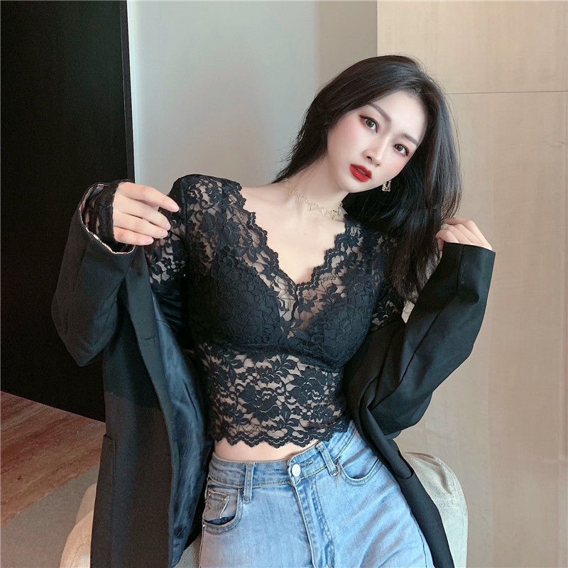 atasan renda import lace bottoming shirt women v-neck sexy mesh with foreign high-end small top shor