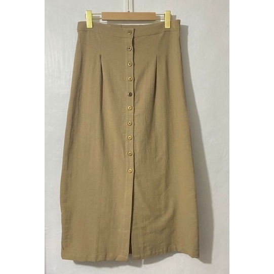 ROK SPAN LINEN BAWAHAN PANJANG WANITA KOREA STYLE KERJA KANTOR KASUAL CASUAL ROK SPAN BELAH TENGAH SKIRT WANITA KANCING TENGAH DEPAN-Apricot