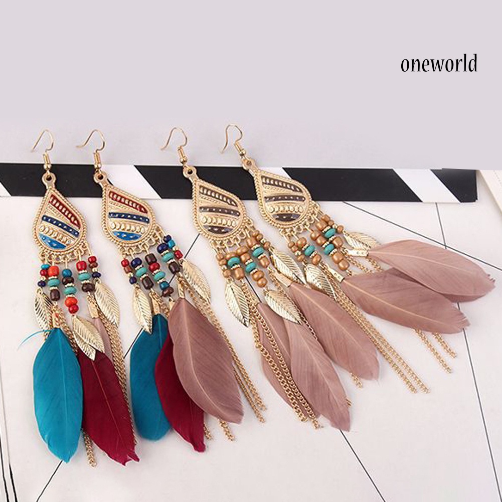 OW@ Vintage Elegant Long Pendant Dangle Hook Feather Earrings Women Jewelry Gift