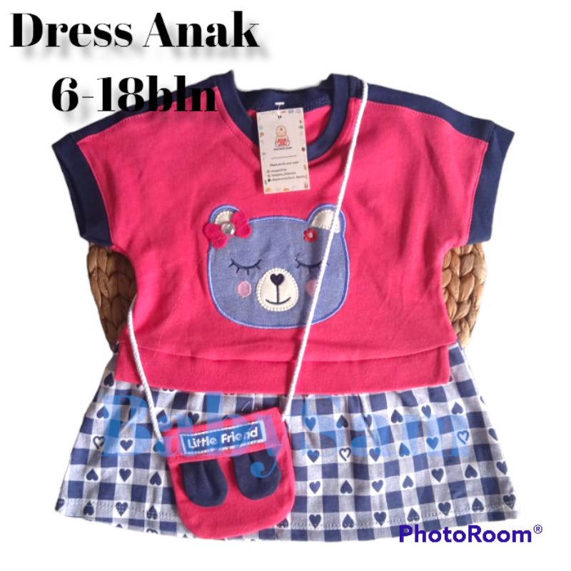 Dress Anak Pumpkin Kids Motif  Bear Size 6-18Bulan Free Tas Lucu