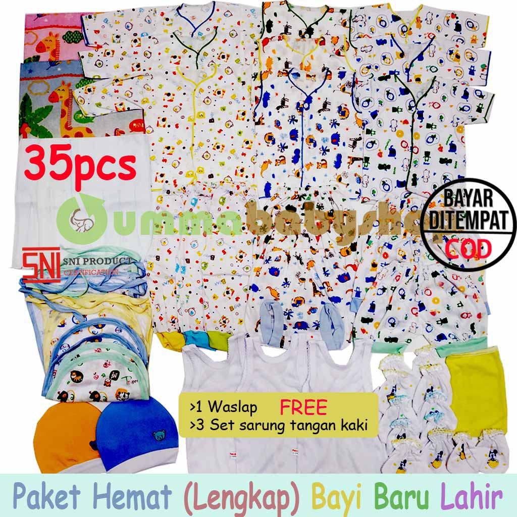 1 Lusin Paket Newborn SNI Premium Perlengkapan Baju Bayi Baru Lahir Baju Celana Bedong Popok Gurita Topi Gift Set Kado Hadiah Setelan Anak Lengkap-Paket 2 SNI 35pcs