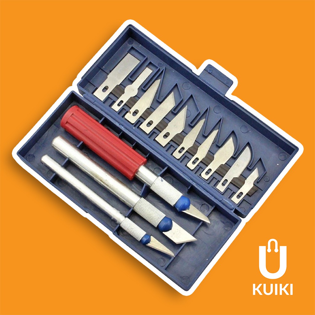 

KUIKI Paket Pisau Ukir Seni Cutter Pahat Tajam 13 in 1 Crafting Art Knife with 3 Handle