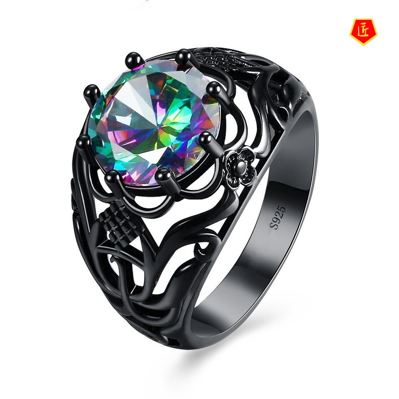 [Ready Stock]Fashion Colorful Moissanite Hollow Ring Creative Black Gold