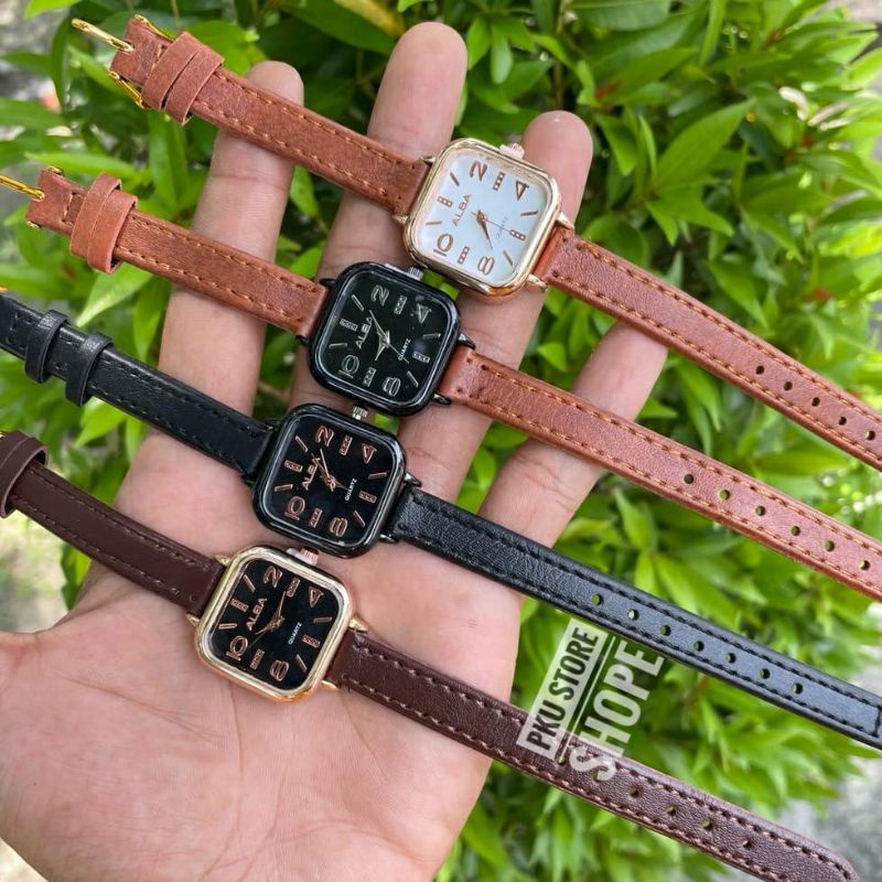 Jam Tangan Cewek Alba Tali Kulit Kecil Persegi Analog Kuarsa | Jam Kulit | Cewek | Wanita | Water Resistantce | Murah | Terlaris | Jam Tangan Wanita