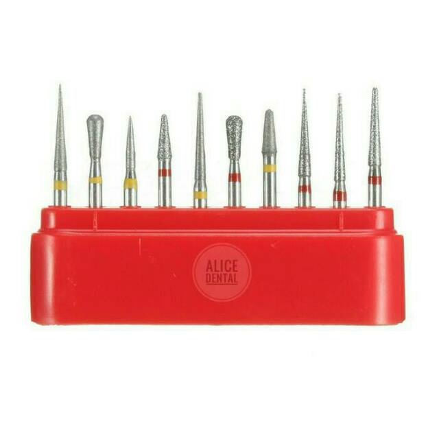 Alice dental bur set diamond high speed burs gigi merah kuning highspeed bentuk pear pir fissure