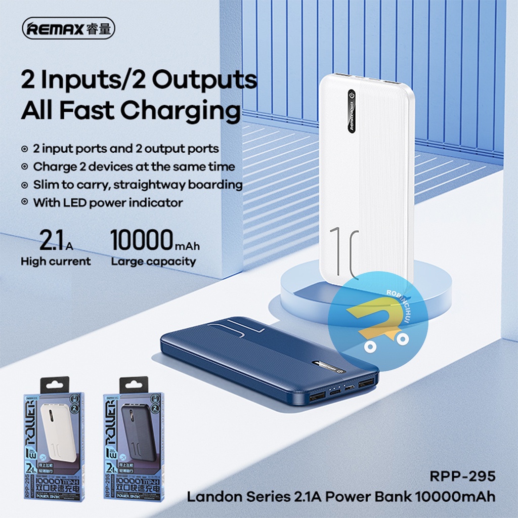 Powerbank Remax 10.000mAh Dual input Type C &amp; Micro Dual Output Usb With indicator RPP-295 (PB) - power bank - baterai handphone - baterai hp