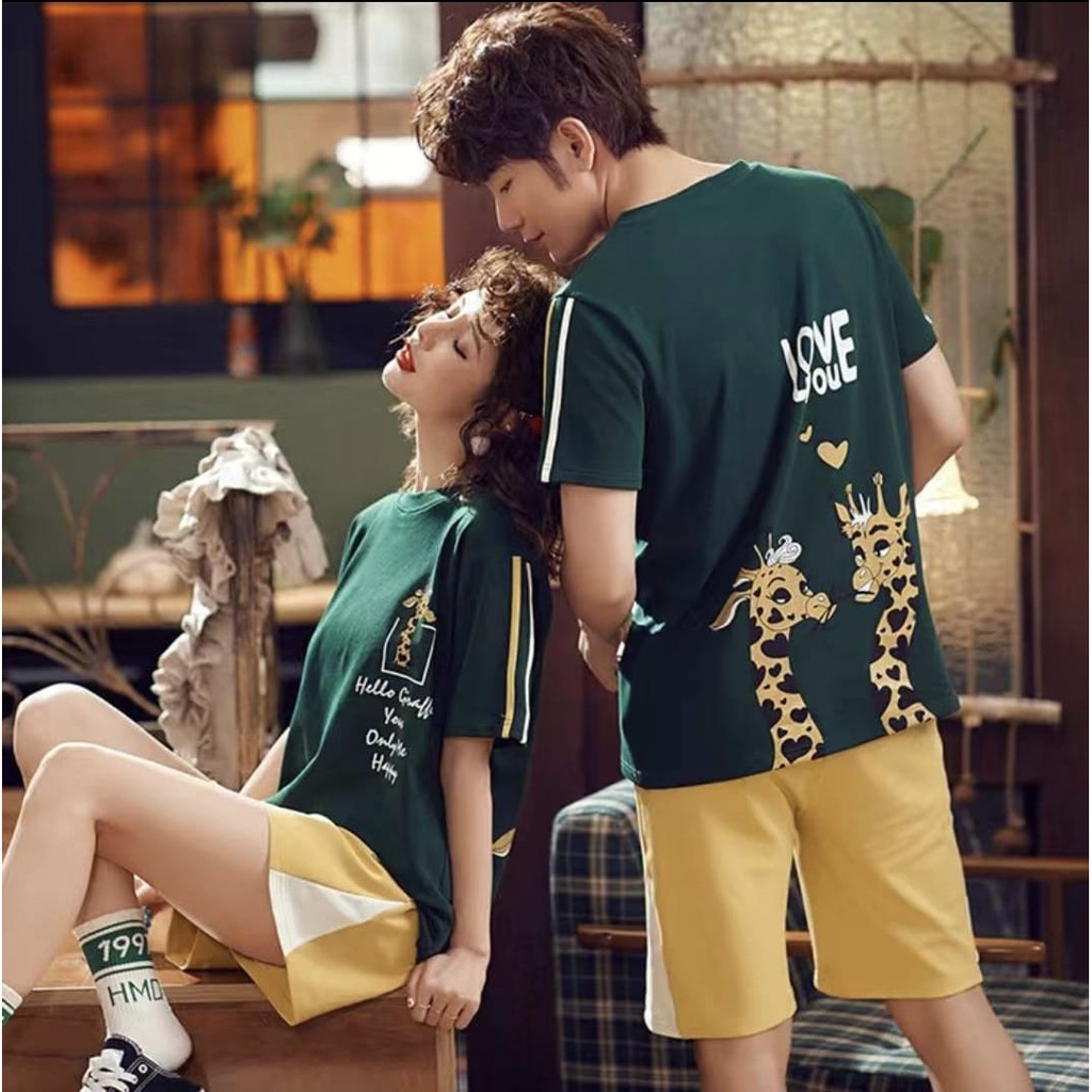 Baju tidur piyama bahan kaos import lengan pendek celana pendek COUPLE