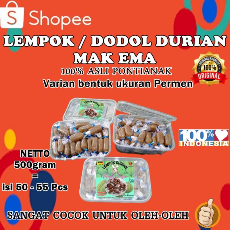 

DODOL / LEMPOK DURIAN MAK EMA 100% ASLI PONTIANAK VERSI BENTUK UKURAN PERMEN COCOK UNTUK OLEH-OLEH KHAS DAERAH NETTO 500gram dengan isi 50 - 55 pcs dijamin rasa enak dan harga murah