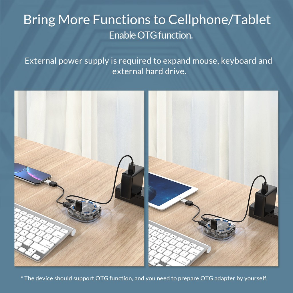 Usb hub 3.0 orico 7 port round transparent 5Gbps 100cm cable H7u-u3 - Terminal usb3.0 7 slot