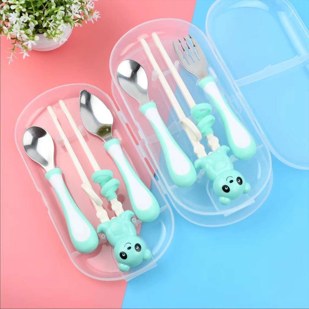 [1KG 6PCS] Babyland Alat makan Sendok Garpu sumpit Set anak/ Set Alat Makan Anak/ Stainless Gratis Tempat Simpan Chopstick Training Latihan Sumpit