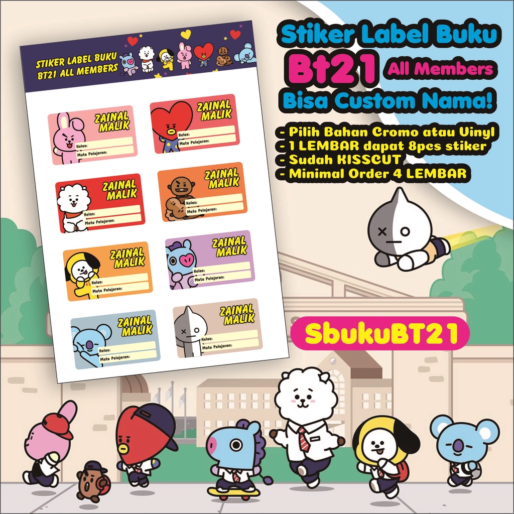 Stiker Label Buku - Gambar BT21 ALL MEMBERS bisa custom nama