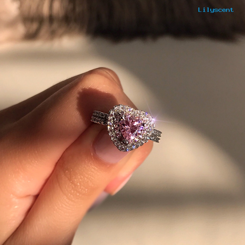 Ls Cincin Lapis Platinum Bentuk Hati Warna Pink Dengan Berlian Imitasi Untuk Wanita