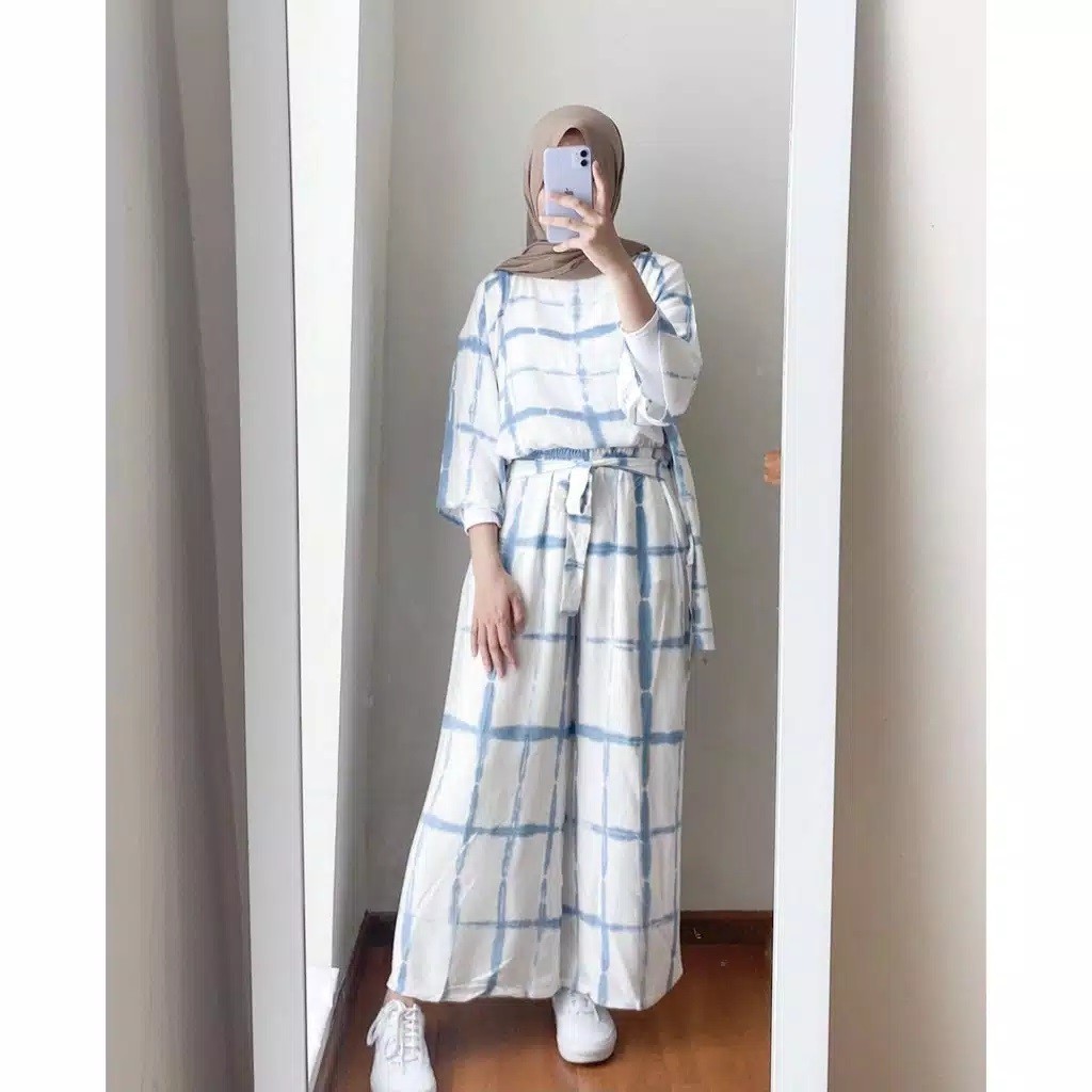 One Set Tie Dye Batik Kotak Biru Setelan Shibori Daily Home Set Rayon Kekinian Hits Gaul