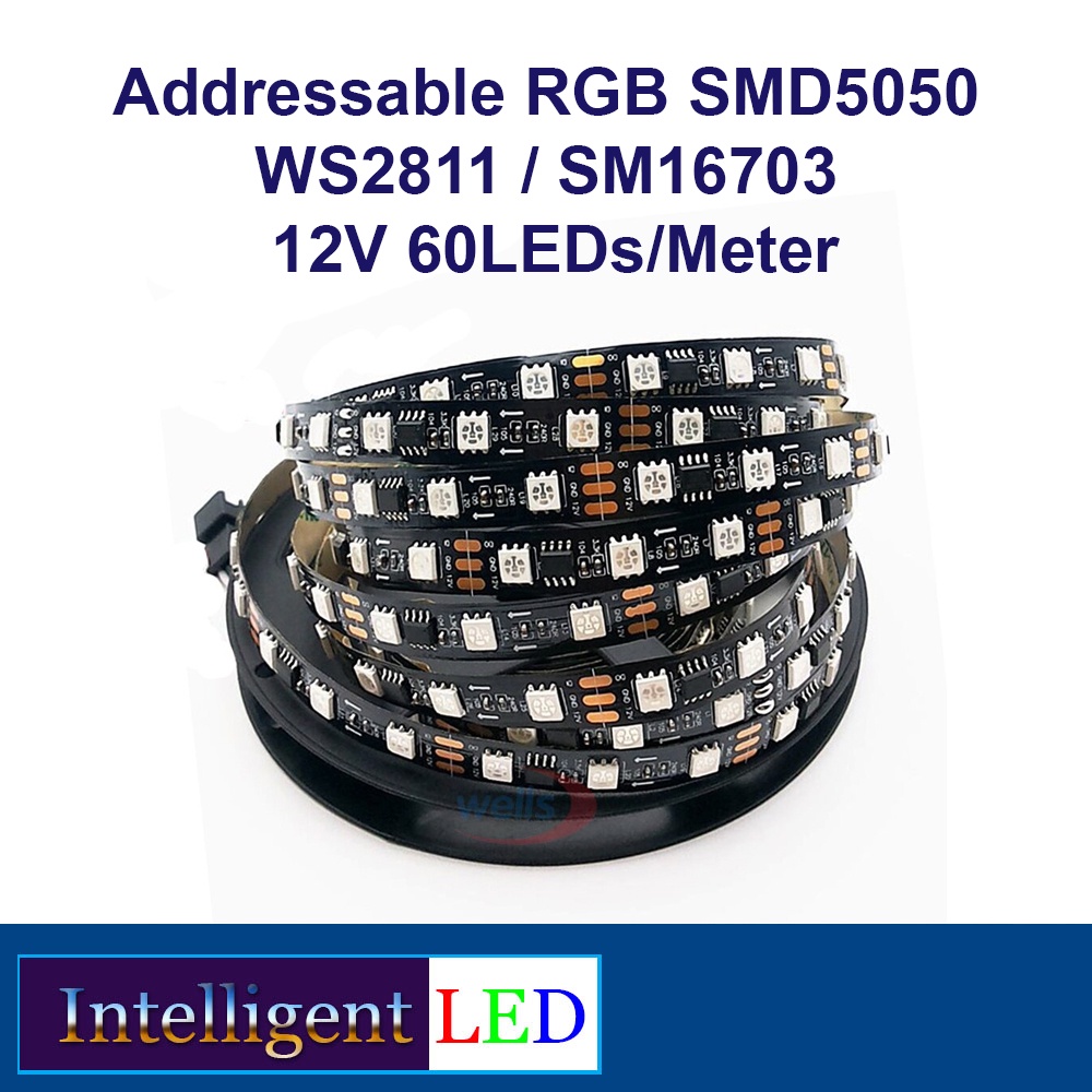 Addressable RGB SMD5050 WS2811 / SM16703 12V 60 LEDs/Meter Black PCB
