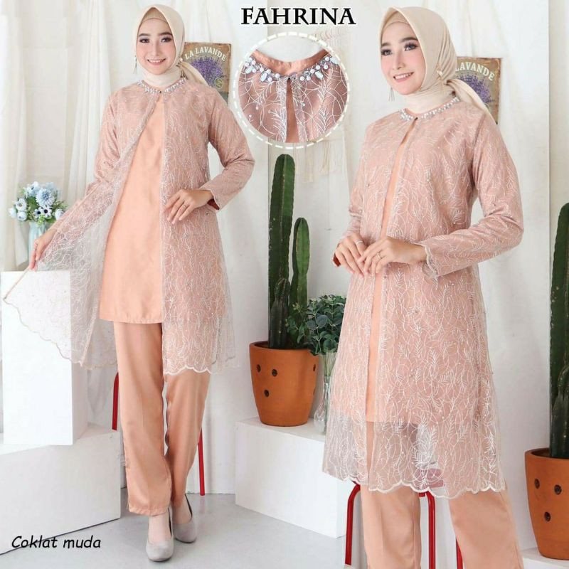 FAHRINA SETELAN BAJU MUSLIMAH PESTA TULLE BORDIR MUTIARA + CELANA