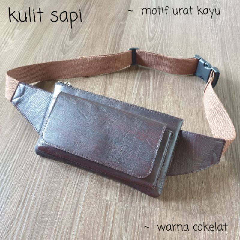 waistbag pria kulit asli casual cokelat