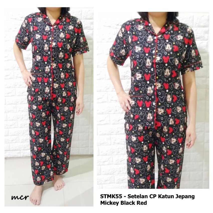 Piyama Wanita Lengan Pendek Celana Panjang CP Katun Jepang Mickey Black Red