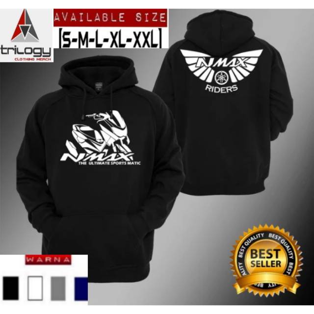 HOODIE SWEATER HITAM NMAX RIDERS THE ULTIMATE SPORTS MATIC LOGO NMAX SABLON PUTIH