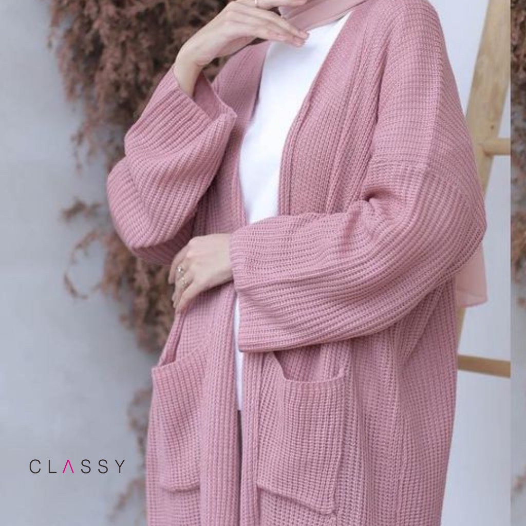 Elora Long Cardigan New Item - Long Oversize Korean Style Cardigan Rajut Premium Super Tebal !-Elora Dusty Pink
