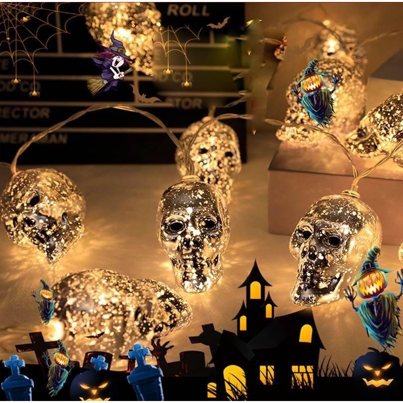 Lampu String LED Bentuk Kepala Tengkorak Labu Tenaga Baterai Untuk Dekorasi Halloween