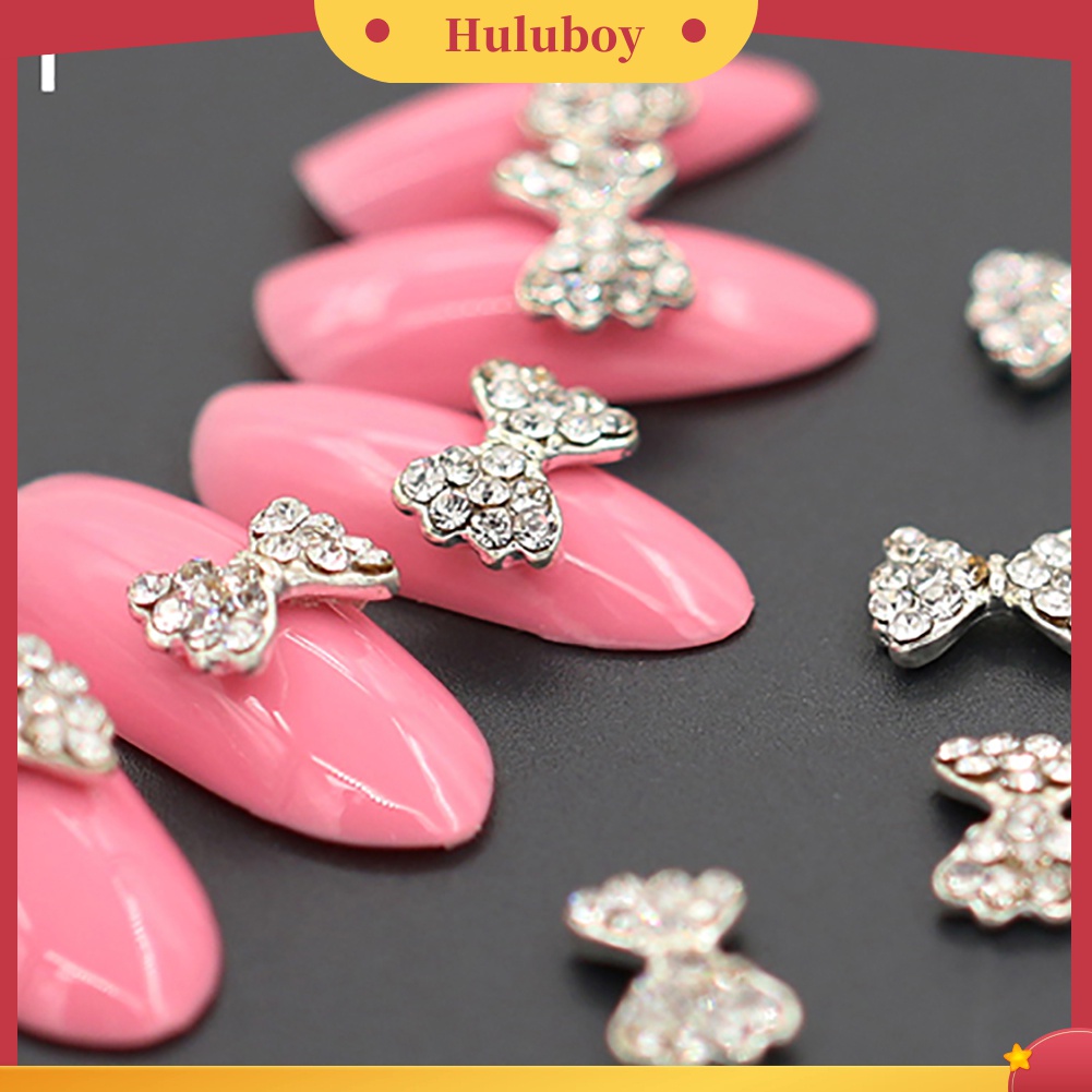 Huluboy Huluboy♡ 10pcs Stiker Kuku 3D Bentuk Pita Bahan Alloy Dengan Glitter Berlian Imitasi