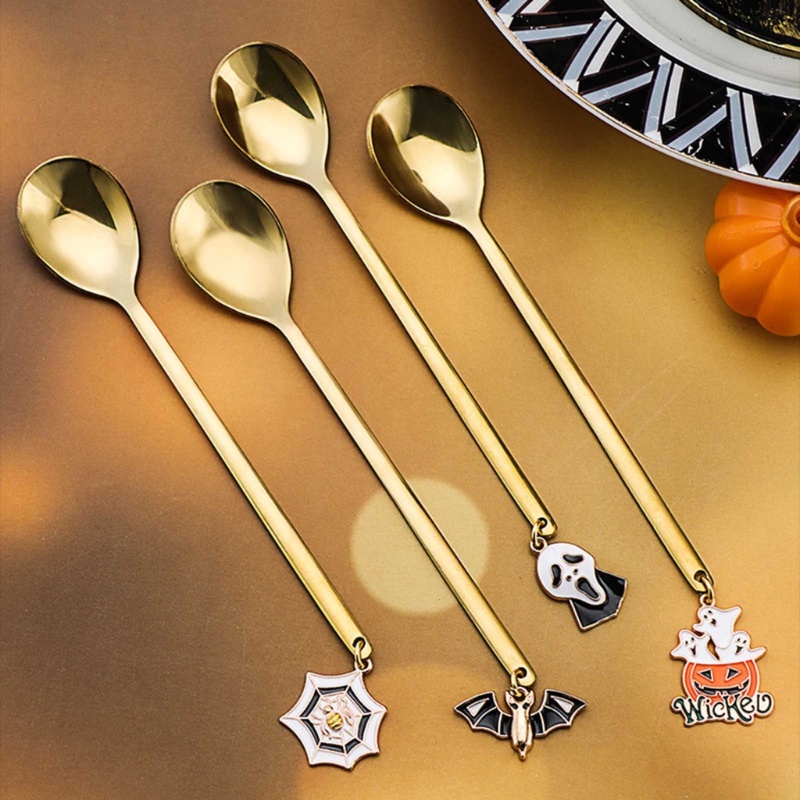 Zzz 6Pcs Sendok + Garpu + Pengaduk Kopi / Dessert Gagang Panjang Bahan Stainless Steel Untuk Halloween