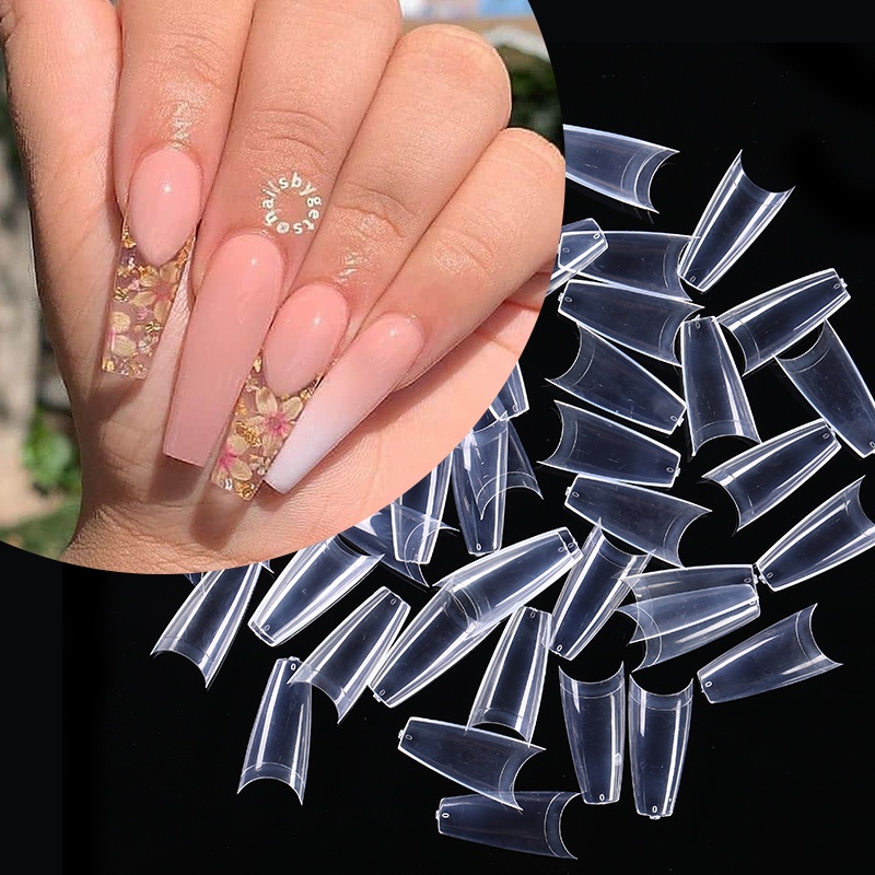 500pcs / Kantong Kuku Palsu Akrilik Uv Gel Polish Transparan Natural Gaya Perancis Untuk Nail Art