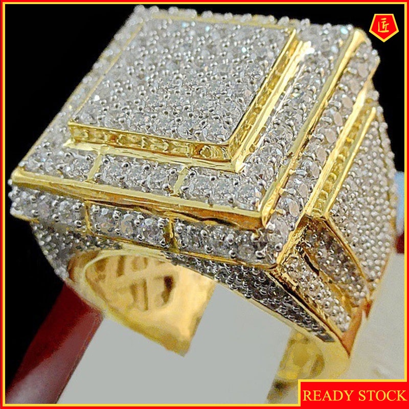 [Ready Stock]Fully-Inlaid Full Diamond Gold Ring Power Style Personalized Temperament