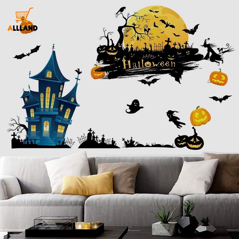 4 Pcs Stiker Jendela Statis Desain Istana Kelelawar Penyihir Hantu Labu Halloween Untuk Dekorasi Kamar Anak