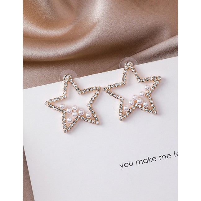 LRC Anting Tusuk Fashion Gold 925 Silver Needle Pearl Rhinestones Pentagonal Earrings D28160